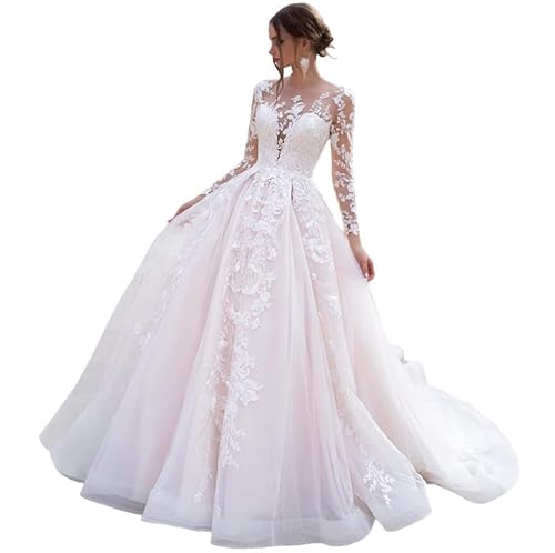 HUINI Brautkleid Standesamt Langarm Vintage Hochzeitskleid Boho Spitze Brautmode A-Linie mit Schleppe A-Weiß 32 von HUINI