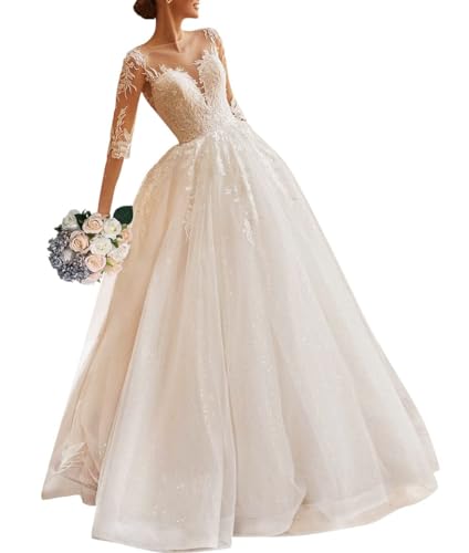 HUINI Brautkleid Vintage Spitze Meerjungfrau Hochzeit Partykleid Tüll A-Linie Standesamt Kleid Große Größen Hochzeitskleid Elfenbein 40 von HUINI