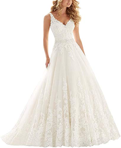 HUINI Brautkleider Hochzeitskleider Lang Damen Prinzessin Brautmode A-Linie Spitzen Hochzeitskleider Standesamt V-Ausschnitt Ärmellos Weiß 48 von HUINI