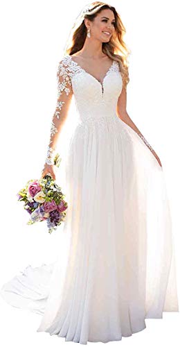 HUINI Brautkleider Spitzen Lang Hochzeitskleider Standesamt V-Ausschnitt Brautmode Prinzessin Chiffon Brautkleid Langarm Weiß 52 von HUINI