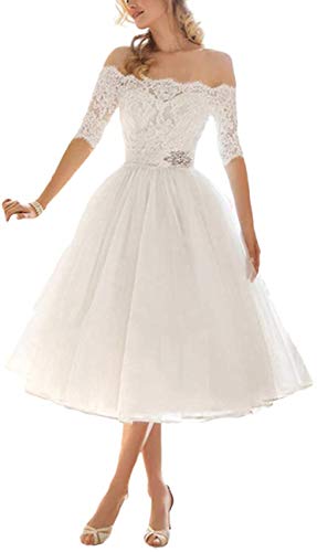 HUINI Brautkleider für Braut Kurze Spitze schulterfrei Strand Brautmode Tüll Brautkleider mit Ärmeln A-Linie Weiß 52 von HUINI