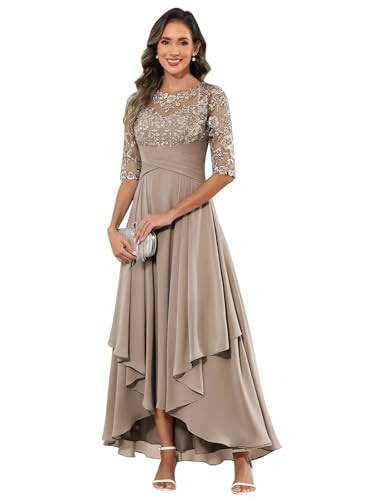 HUINI Brautmutter Kleid Lang Spitzen A-Linie Formal Hochzeitsgast Kleid mit Ärmel Übergroße Taupe 44 von HUINI