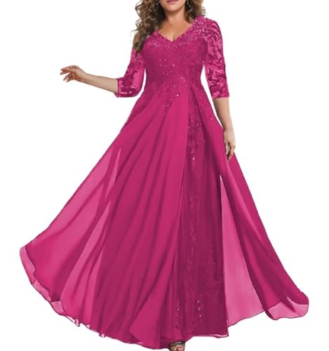HUINI Brautmutter Kleid Lang V-Ausschnitt Spitzen 3/4-Arm Hochzeit Partykleid für Damen Fuchsie 50 von HUINI