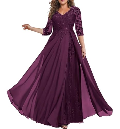 HUINI Brautmutter Kleid Lang V-Ausschnitt Spitzen 3/4-Arm Hochzeit Partykleid für Damen Traube 42 von HUINI