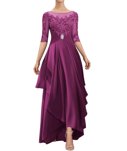 HUINI Brautmutter Kleid Lang mit Ärmeln Damen Spitze Hochzeit Gast Kleid Chiffon Plissee Formelles Abendkleid Orchidee 54 von HUINI