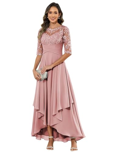 HUINI Brautmutter Kleid mit Ärmel Lang Chiffon Hi-Lo Elegant Abendkleid A-Linie Rüschen Dunkel-rosa 46 von HUINI