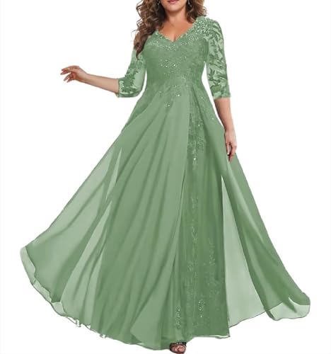 HUINI Brautmutter Kleid mit Ärmel Spitzen Lang Elegant Abendkleid für Hochzeit V-Ausschnitt Grasgrün 46 von HUINI