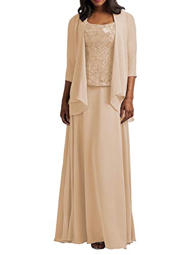 HUINI Brautmutter Kleider mit Jacke Chiffon Lang Abendkleider Lace Hochzeitskleid Festkleider Langarm Champagne 46 von HUINI