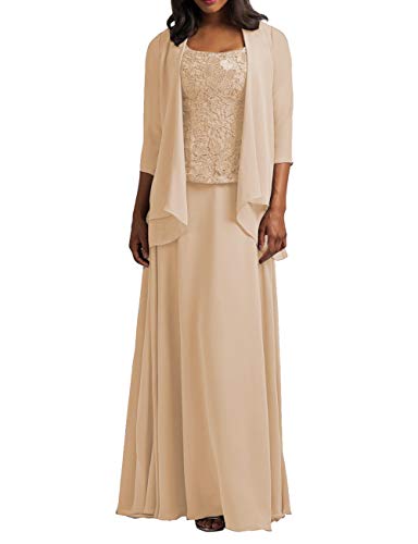 HUINI Brautmutter Kleider mit Jacke Chiffon Lang Abendkleider Lace Hochzeitskleid Festkleider Langarm Champagne 54 von HUINI