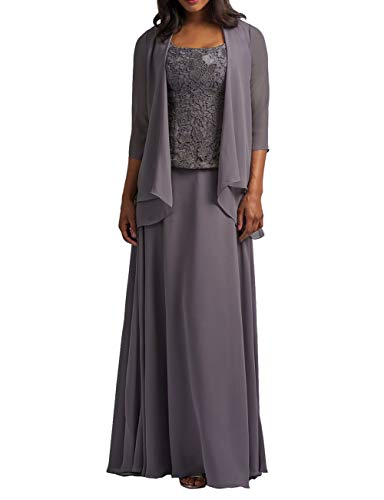 HUINI Brautmutter Kleider mit Jacke Chiffon Lang Abendkleider Lace Hochzeitskleid Festkleider Langarm Grau 52 von HUINI