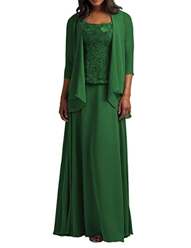HUINI Brautmutter Kleider mit Jacke Chiffon Lang Abendkleider Lace Hochzeitskleid Festkleider Langarm Grün 50 von HUINI