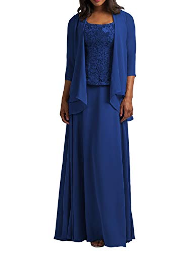 HUINI Brautmutter Kleider mit Jacke Chiffon Lang Abendkleider Lace Hochzeitskleid Festkleider Langarm Königsblau 48 von HUINI