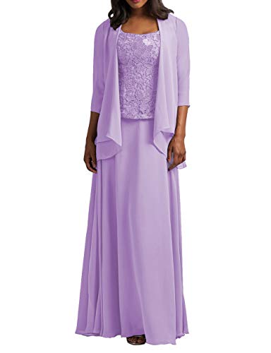 HUINI Brautmutter Kleider mit Jacke Chiffon Lang Abendkleider Lace Hochzeitskleid Festkleider Langarm Lila 52 von HUINI
