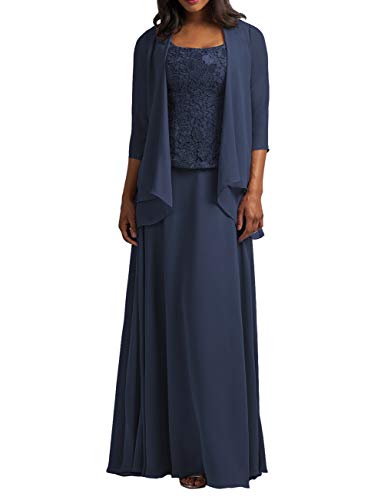 HUINI Brautmutter Kleider mit Jacke Chiffon Lang Abendkleider Lace Hochzeitskleid Festkleider Langarm Navy 42 von HUINI