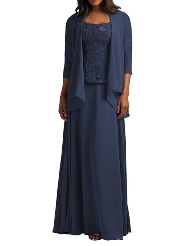 HUINI Brautmutter Kleider mit Jacke Chiffon Lang Abendkleider Lace Hochzeitskleid Festkleider Langarm Navy 44 von HUINI