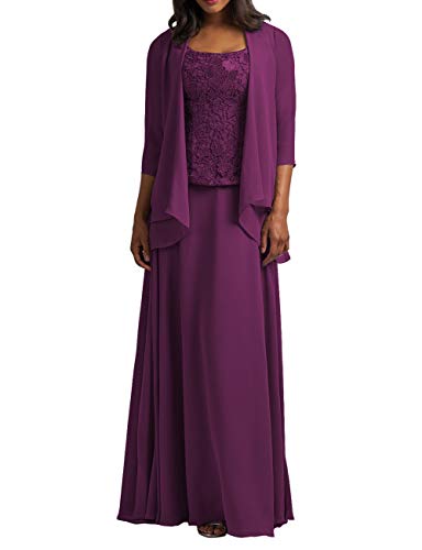 HUINI Brautmutter Kleider mit Jacke Chiffon Lang Abendkleider Lace Hochzeitskleid Festkleider Langarm Traube 44 von HUINI