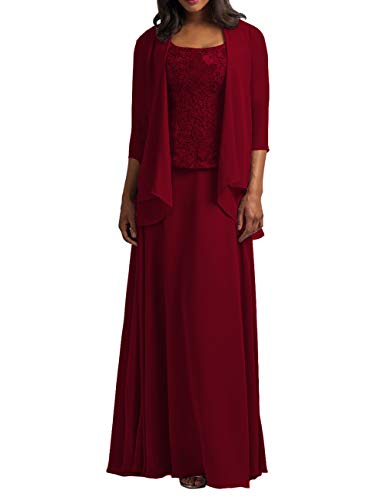 HUINI Brautmutter Kleider mit Jacke Chiffon Lang Abendkleider Lace Hochzeitskleid Festkleider Langarm Weinrot 56 von HUINI