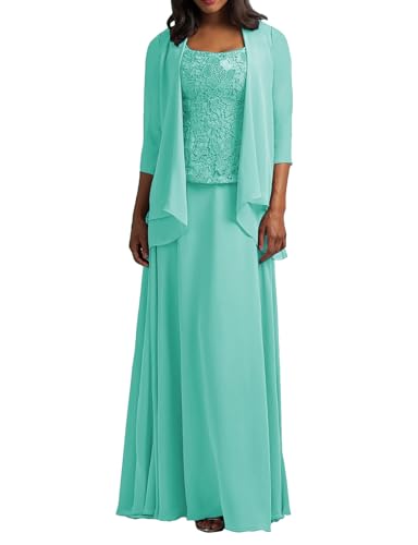 HUINI Brautmutter Kleider mit Jacke Langarm Chiffon Abendkleider Lang Lace Hochzeitskleid Festkleider Aqua Blau 54 von HUINI