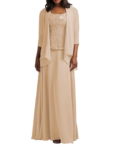 HUINI Brautmutter Kleider mit Jacke Langarm Chiffon Abendkleider Lang Lace Hochzeitskleid Festkleider Champagner 50 von HUINI