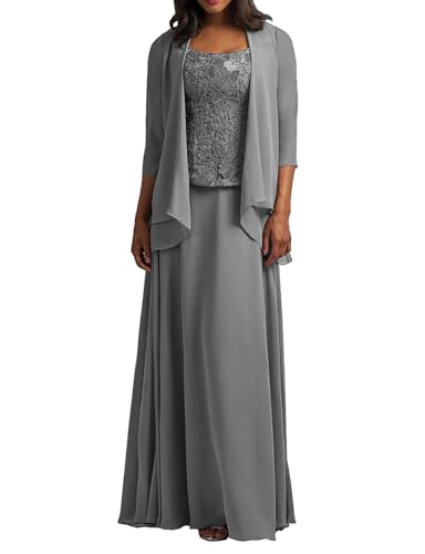 HUINI Brautmutter Kleider mit Jacke Langarm Chiffon Abendkleider Lang Lace Hochzeitskleid Festkleider Grau 48 von HUINI