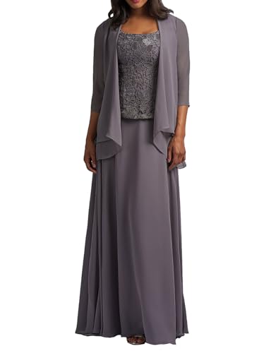 HUINI Brautmutter Kleider mit Jacke Langarm Chiffon Abendkleider Lang Lace Hochzeitskleid Festkleider Hellgrau 40 HUINI Brautmutter Kleider mit Jacke Langarm Chiffon Abendkleider Lang Lace Hochzeitskleid Festkleider Hellgrau 40 von HUINI