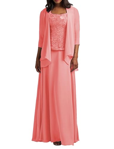 HUINI Brautmutter Kleider mit Jacke Langarm Chiffon Abendkleider Lang Lace Hochzeitskleid Festkleider Koralle 52 von HUINI