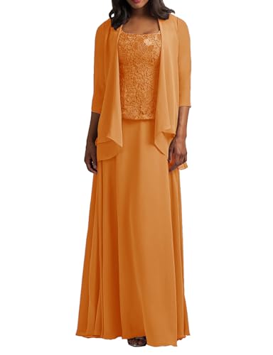 HUINI Brautmutter Kleider mit Jacke Langarm Chiffon Abendkleider Lang Lace Hochzeitskleid Festkleider Orange 50 von HUINI