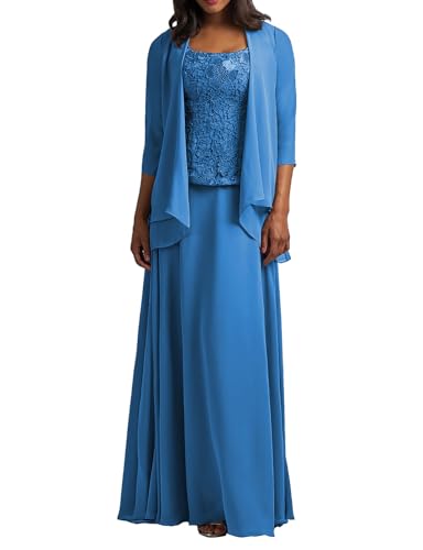 HUINI Brautmutter Kleider mit Jacke Langarm Chiffon Abendkleider Lang Lace Hochzeitskleid Festkleider Ozeanblau 48 von HUINI