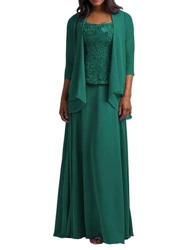 HUINI Brautmutter Kleider mit Jacke Langarm Chiffon Abendkleider Lang Lace Hochzeitskleid Festkleider Pfau 54 von HUINI