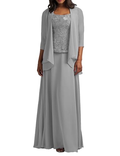 HUINI Brautmutter Kleider mit Jacke Langarm Chiffon Abendkleider Lang Lace Hochzeitskleid Festkleider Silber 42 von HUINI
