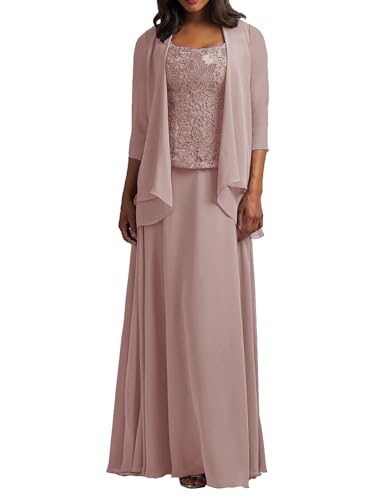 HUINI Brautmutter Kleider mit Jacke Langarm Chiffon Abendkleider Lang Lace Hochzeitskleid Festkleider Staubige Rose 46 von HUINI