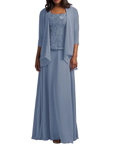 HUINI Brautmutter Kleider mit Jacke Langarm Chiffon Abendkleider Lang Lace Hochzeitskleid Festkleider Staubiges Blau 42 HUINI Brautmutter Kleider mit Jacke Langarm Chiffon Abendkleider Lang Lace Hochzeitskleid Festkleider Staubiges Blau 42 von HUINI