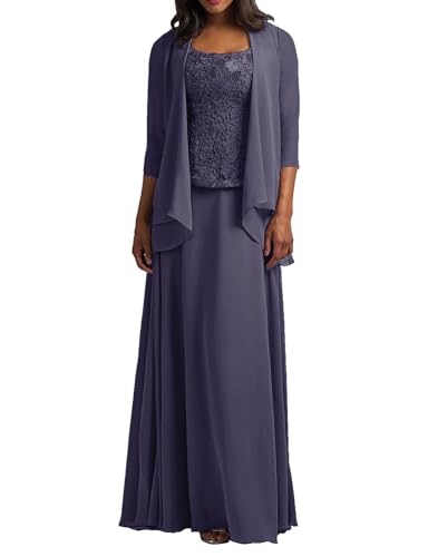 HUINI Brautmutter Kleider mit Jacke Langarm Chiffon Abendkleider Lang Lace Hochzeitskleid Festkleider Stürmisch 48 von HUINI