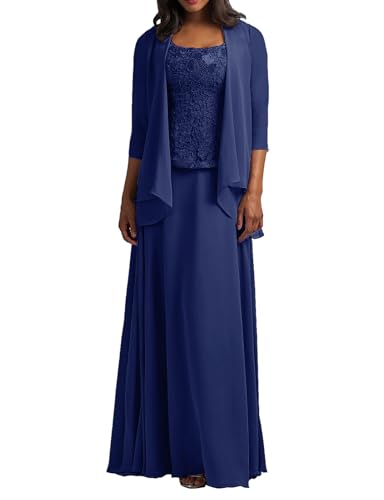 HUINI Brautmutter Kleider mit Jacke Langarm Chiffon Abendkleider Lang Lace Hochzeitskleid Festkleider Tiefblau 48 von HUINI
