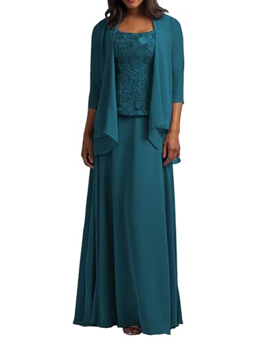 HUINI Brautmutter Kleider mit Jacke Langarm Chiffon Abendkleider Lang Lace Hochzeitskleid Festkleider Türkisblau 50 von HUINI