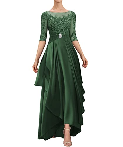 HUINI Brautmutterkleid Lang mit Ärmel Formell Abendkleid Spitzen Unregelmäßig Hochzeitsgast Kleid Dunkel Grün 46 von HUINI