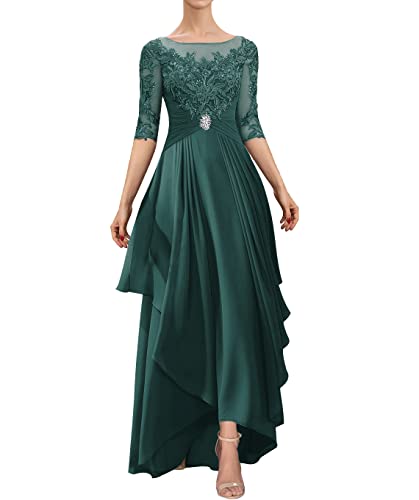 HUINI Brautmutterkleid Lang mit Ärmel Formell Abendkleid Spitzen Unregelmäßig Hochzeitsgast Kleid Pfau 46 von HUINI