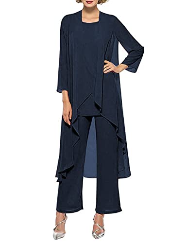 HUINI Brautmutterkleid mit Ärmel Lang Chiffon Formell Abendkleid für Hochzeit 3 Stück Mutter des Bräutigam Anzug Set Navy 44 von HUINI