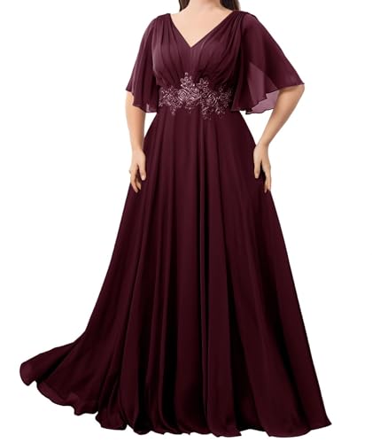 HUINI Brautmutterkleid mit Ärmel Spitzen V-Ausschnitt Hochzeit Partykleid für Gast Große Größen Dunkel-rot 44 von HUINI