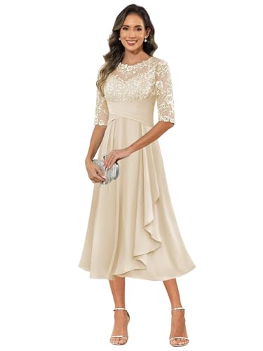 HUINI Brautmutterkleider Teelange Chiffon Halbarm Rüschen Formelles Abendkleider für Hochzeit Champagne 42 von HUINI