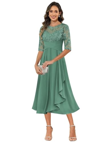 HUINI Brautmutterkleider Teelange Chiffon Halbarm Rüschen Formelles Abendkleider für Hochzeit Pastellgrün 38 von HUINI