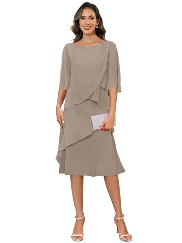 HUINI Brautmutterkleider für Damen Chiffon Teelänge Kurzarm Rüschen Formelles Abendkleid für die Hochzeit Taupe 42 von HUINI