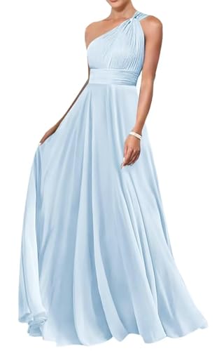 HUINI Chiffon Brautjungfernkleid EIN-Schulter Lang Ärmellos Abendkleid Hochzeit Partykleid Eisblau 40 von HUINI