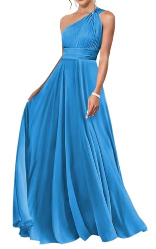 HUINI Chiffon Brautjungfernkleid EIN-Schulter Lang Ärmellos Abendkleid Hochzeit Partykleid Meerblau 34 von HUINI