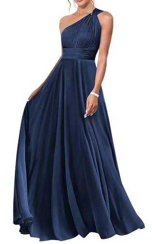 HUINI Chiffon Brautjungfernkleid EIN-Schulter Lang Ärmellos Abendkleid Hochzeit Partykleid Navy 48 von HUINI