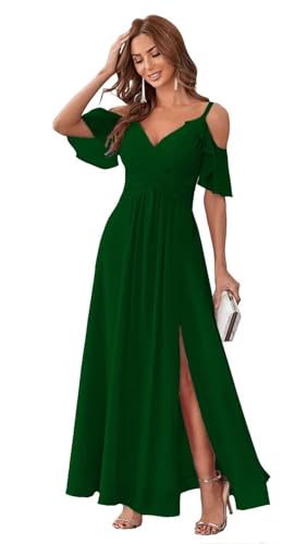 HUINI Chiffon Brautjungfernkleid Lang Kalte-Schulter Elegant Abendkleid A-Linie Ballkleid für Damen Dunkel-grün 36 von HUINI