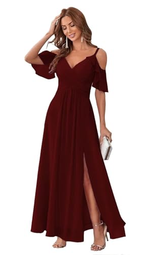 HUINI Chiffon Brautjungfernkleid Lang Kalte-Schulter Elegant Abendkleid A-Linie Ballkleid für Damen Dunkel-rot 42 von HUINI