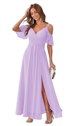 HUINI Chiffon Brautjungfernkleid Lang Kalte-Schulter Elegant Abendkleid A-Linie Ballkleid für Damen Lila 42 von HUINI