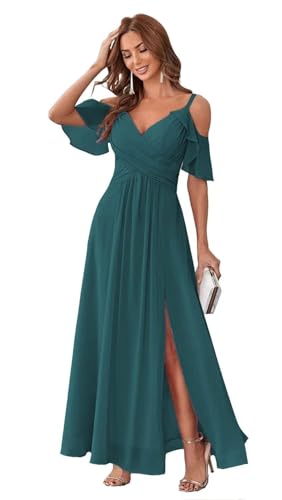 HUINI Chiffon Brautjungfernkleid Lang Kalte-Schulter Elegant Abendkleid A-Linie Ballkleid für Damen Pfau 38 von HUINI