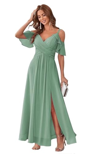 HUINI Chiffon Brautjungfernkleid Lang Kalte-Schulter Elegant Abendkleid A-Linie Ballkleid für Damen Salbeigrün 44 HUINI Chiffon Brautjungfernkleid Lang Kalte-Schulter Elegant Abendkleid A-Linie Ballkleid für Damen Salbeigrün 44 von HUINI